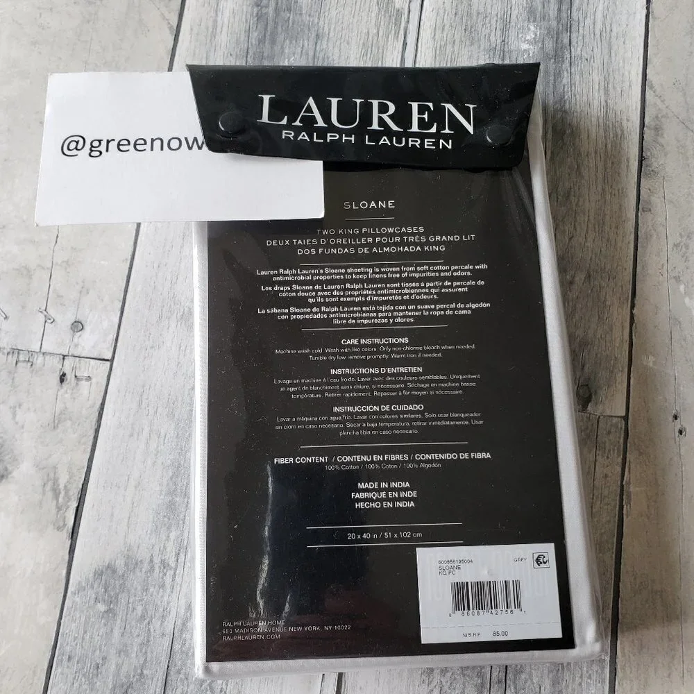 NWT – Ralph Lauren – Sloane Grey Pair of King Pillowcases